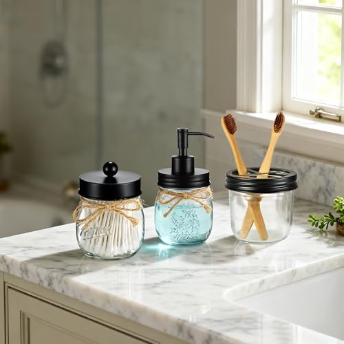 Amolliar Glass Mason Jar Bathroom Accessories Set 4 Pcs (Black)