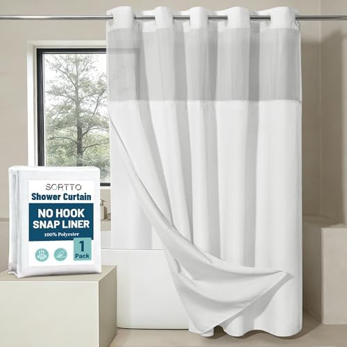 SORTTO No Hook Slub Shower Curtain with Liner, 71x86, White