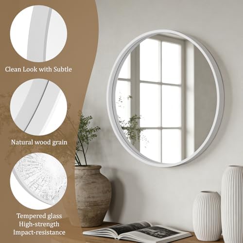 WallBeyond Round Wood Mirror 24 inch Circle Wall Mirror for Bathroom Round Wall Mirror for Wall Decor, Vanity, Entryway Living Room (White)