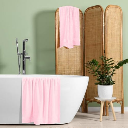 Belizzi Home Cotton 2 Pack Oversized Bath Towel Set 28x55 inches, Large Bath Towels, Ultra Absorbant Compact Quickdry & Lightweight Towel, Ideal for Gym Travel Camp Pool - Pink