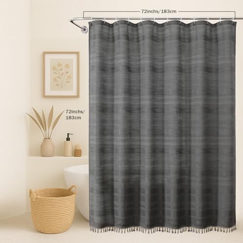 OVZME Boho Shower Curtain 72 Inch Long, Modern Farmhouse Rustic Striped Tassel Fabric Shower Curtain for Bathroom, Heavy Duty Vintage Country Bathroom Decoration, 72Wx72L Inches, Charcoal Grey