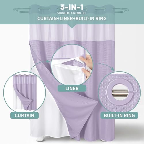 No Hook Waffle Shower Curtain with Snap-in Liner, 71x77 Inch, Lavender