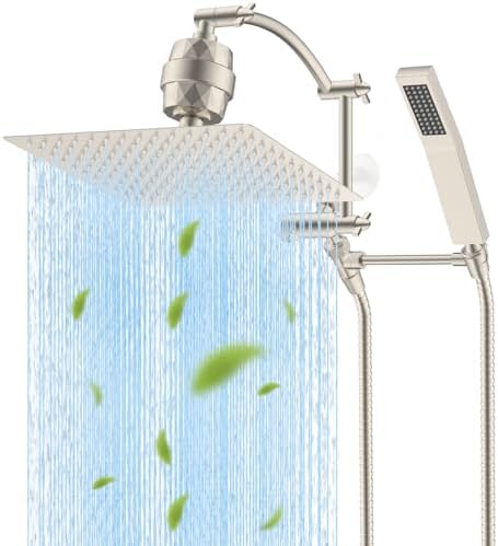 Hibbent Metal 12'' Filtered Rainfall Shower Head with Handheld Combo, High Pressure Shower Wand, 16'' Adjustable Arc Extension Arm, 20 Stage Shower Filter, 71'' Hose,Shower Holder, Brushed Nickel