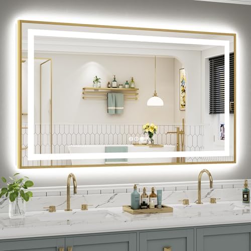 60x36 Inch LED Bathroom Mirror with Gold Frame, Backlit & Front Lit