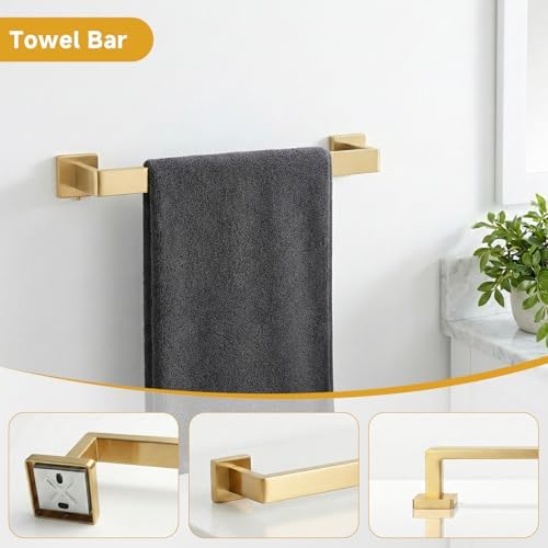 5-Piece Brushed Gold Bathroom Accessory Set, 16 Inch Bathroom Hardware Set, Towel Racks for Bathroom, SUS304 Stainless Steel Wall Mounted Bath Towel Bar Set