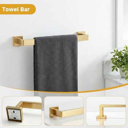 5-Piece Brushed Gold Bathroom Accessory Set, 16 Inch Bathroom Hardware Set, Towel Racks for Bathroom, SUS304 Stainless Steel Wall Mounted Bath Towel Bar Set