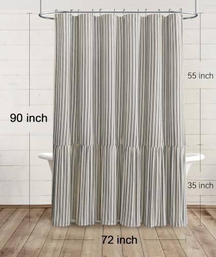 Farmhouse Shower Curtain Ruffle Linen Cream-Black Stripe 72"W x 90"L