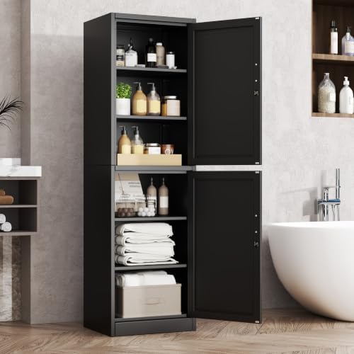 Tall Metal Narrow Bathroom Storage Locker Cabinet 67" H,Black Kitchen Pantry Cabinets with 4 Adjustable Shelves and 2 Lockable Doors,File Cabinet Organizer for Kitchen Home Office Living Dining Room