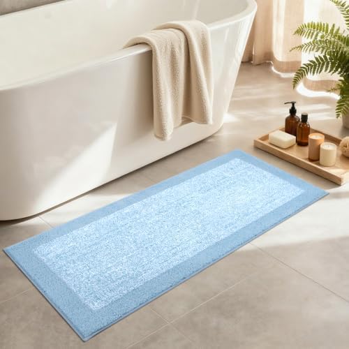 48x17 Bathroom Rugs Non Slip Washable, Soft Absorbent Bath Mat Light Blue