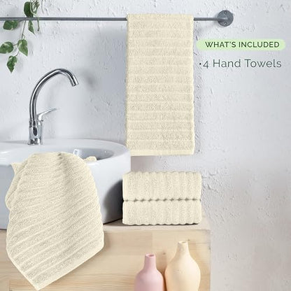 Elegant Comfort Luxury 100% Turkish Cotton Corduroy Ribbed 4 Pack Hand Towel Set 16 x 28 Inch - Absorbent, Super Soft, Quick Dry, Premium Towels for Bathroom, Gym, Spa and Hotel Use, Ivory