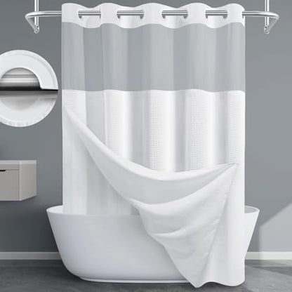 EUTXL Heavyweight No Hook Waffle Shower Curtain with Liner, 71x74, White