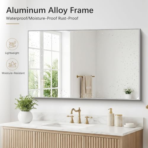 DESBING 30" x 48" Bathroom Mirror, Silver Metal Frame Wall Mirror
