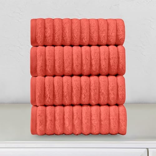 Elegant Comfort Luxury 100% Turkish Cotton Corduroy Ribbed 4 Pack Hand Towel Set 16 x 28 Inch - Absorbent, Super Soft, Quick Dry, Premium Towels for Bathroom, Gym, Spa and Hotel Use, Coral