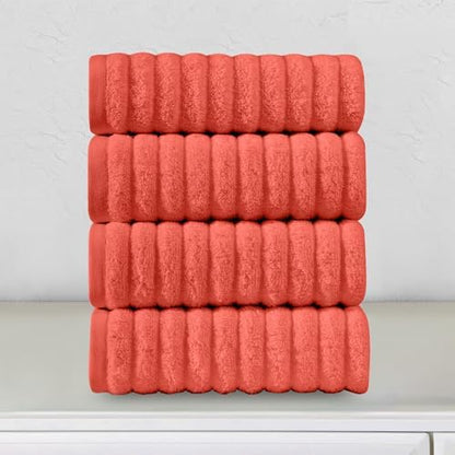 Elegant Comfort Luxury 100% Turkish Cotton Corduroy Ribbed 4 Pack Hand Towel Set 16 x 28 Inch - Absorbent, Super Soft, Quick Dry, Premium Towels for Bathroom, Gym, Spa and Hotel Use, Coral