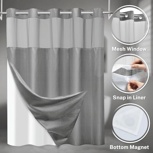 SORTTO No Hook Waffle Shower Curtain with Snap in Liner Set, 36x74, Grey