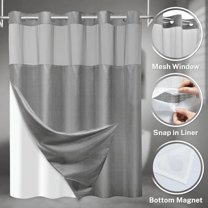 SORTTO No Hook Waffle Shower Curtain with Snap in Liner Set, 54x80, Grey