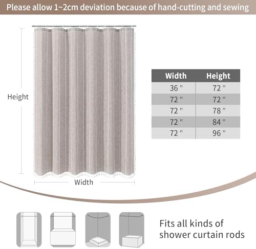 Boho Farmhouse Tassel Linen Shower Curtain,3D Embroidery Stripe Grey,72x78