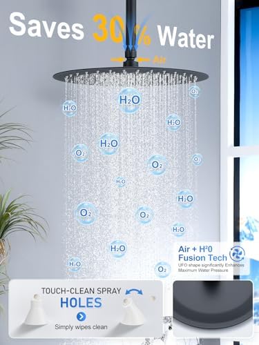 Woindo Shower Faucet Set with Slide Bar, 12" Rain Shower Head/8'' Side Shower Head and 10 Setting Handheld Ceiling Mount 3 Push Button Diverter Complete Rainfall Shower System Included Valve Trim Kit