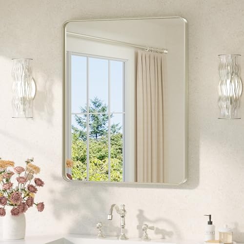 TETOTE Brushed Nickel Mirror 24 x 30 Brushed Nickel Metal Framed Bathroom Mirror, Tempered Glass, Modern Farmhouse Wall Mounted Mirror for Decorative(Horizontal/Vertical)