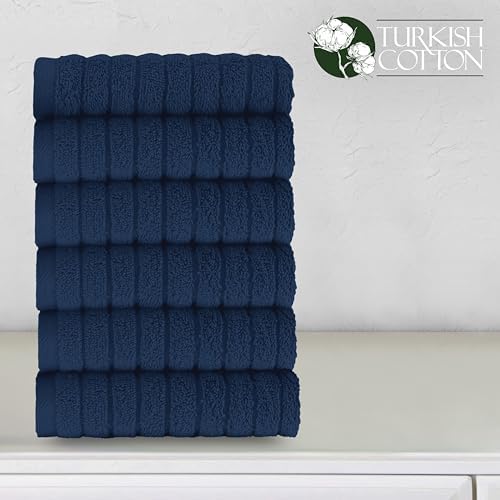Elegant Comfort 100% Turkish Cotton Corduroy Ribbed Luxury Washcloths 6 Pack Soft 13 x 13 Inch - Higly Absorbent, Durable, Quick Dry, Spa Premium Hotel Quality for Bathroom or Travel, Navy