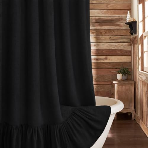 Farmhouse Shower Curtain Ruffle Linen Flax Black 72" W x 96" L