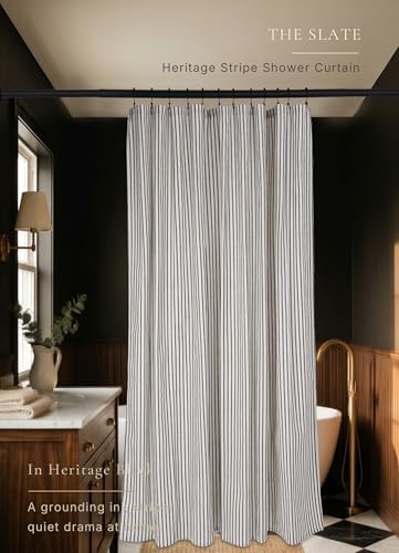Farmhouse Striped Shower Curtain - Extra Long 72x84 Inches, Linen Blend Fabric, Breathable & Machine Washable, Rustic Black for Bathroom Decor (Hooks/Liner Not Included)