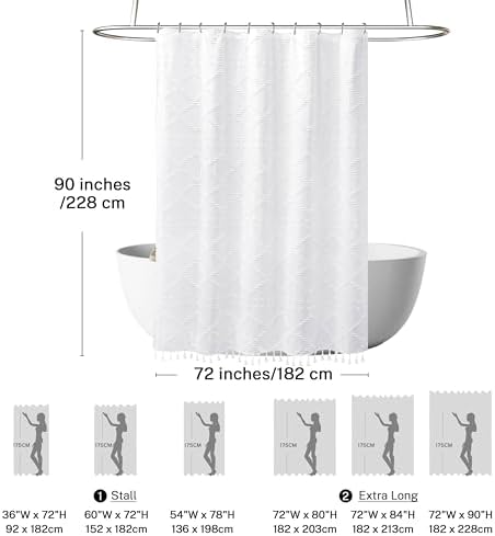 Extra Long White Textured Woven Fabric Boho Shower Curtain with Tassels 72 x 90 Modern Farmhouse Minimalist, Tufted Chevron Striped Shabby Chic, Water Resistant Cloth Curtain for Bathroom, Hotel Decor