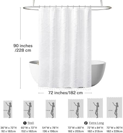 Extra Long White Textured Woven Fabric Boho Shower Curtain with Tassels 72 x 90 Modern Farmhouse Minimalist, Tufted Chevron Striped Shabby Chic, Water Resistant Cloth Curtain for Bathroom, Hotel Decor