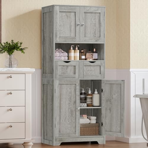 TEENFON Tall Bathroom Storage Cabinet with 4 Doors & 2 Adjustable Shelves