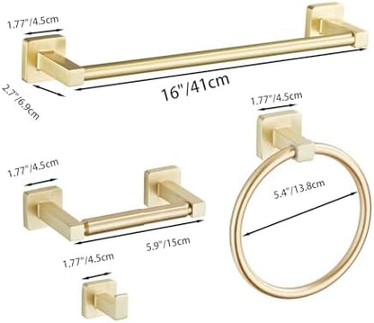 Brusehd Light Gold Bathroom Hardware Set 4 Pieces,Towel Bar Set Stainless Steel Wall Mounted, Includes 16In Hand Towel Bar, Towel Ring, Robe Towel Hooks,Toilet Paper Holder, Bathroom Towel Rack Set…