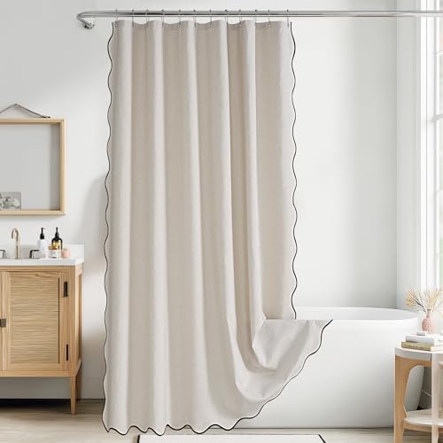 KGORGE Scalloped Shower Curtain for Bathroom with 12 Metal Hooks, Linen Textured Privacy Waterproof Boho Cute Heavy Duty Farmhouse Shower Curtains for Home Decor Bathtub, Linen, 72 x 72 inches Long
