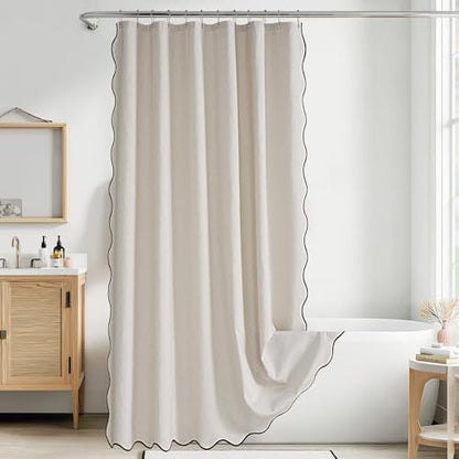 KGORGE Scalloped Shower Curtain for Bathroom with 12 Metal Hooks, Linen Textured Privacy Waterproof Boho Cute Heavy Duty Farmhouse Shower Curtains for Home Decor Bathtub, Linen, 72 x 72 inches Long