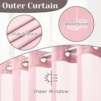 SORTTO No Hook Slub Shower Curtain with Liner, 71x74, Pink