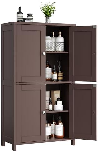 Shintenchi Bathroom Storage Cabinet with Doors and Shelves, Floor Cabinets for Washroom Furniture, Laundry Room, Organization with Adjustable Shelf, Brown