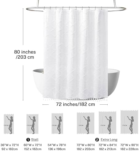 Extra Long White Textured Woven Fabric Boho Shower Curtain with Tassels 72 x 80 Modern Farmhouse Minimalist, Tufted Chevron Striped Shabby Chic, Water Resistant Cloth Curtain for Bathroom, Hotel Decor