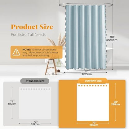 BTTN 72x90 Boho Scalloped Linen Textured Cloth Shower Curtain Set, Fog Blue