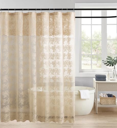 Beige Shower Curtain 72x72, Cottage Core Lace with Attached Valance