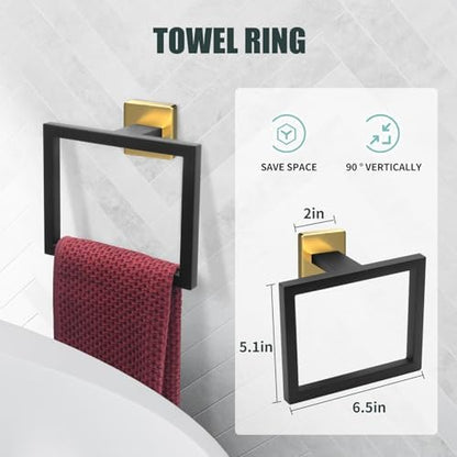5 Piece Black and Gold Towel Bar Set - Gold and Black Bathroom Accessories with 2 Towel Hook, Stainless Steel Wall Mounted Bathroom Towel Rack Set - Square 16-Inch