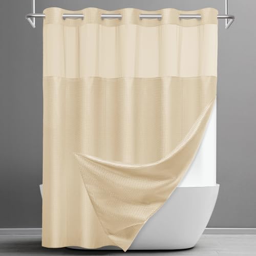 SORTTO No Hook Waffle Shower Curtain with Snap in Liner Set, 71x74, Cream