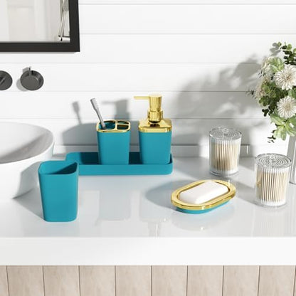 XLHOMO Bathroom Accessories Set - 25PC Bathroom Set with Shower Curtain and Rugs, Teal Blue Bathroom Set, Bathroom Accessory Set with Press-on Lid Trash Can, Soap Dispenser and Qtip Holders