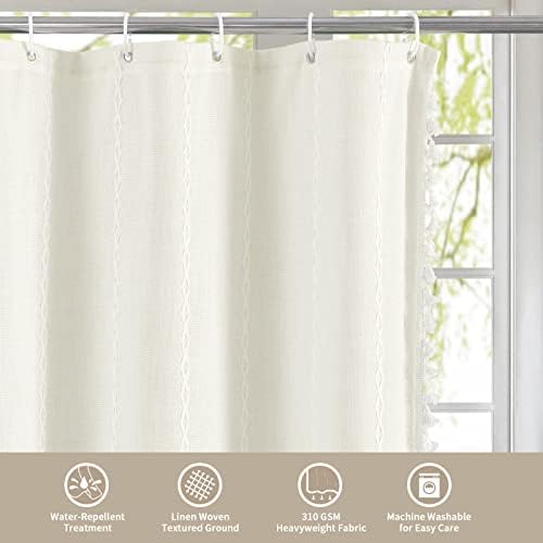 Boho Farmhouse Tassel Linen Shower Curtain,3D Embroidery Stripe Ivory,36x72