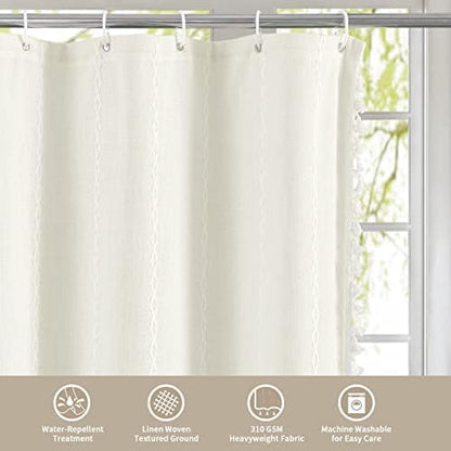 Boho Farmhouse Tassel Linen Shower Curtain,3D Embroidery Stripe Ivory,72x72
