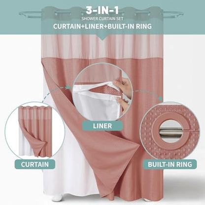 eachope No Hook Waffle Shower Curtain with Snap-in Liner, 71x77 Inch, Coral