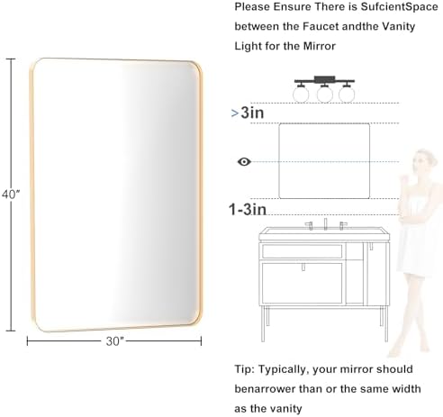 Brushed Gold Bathroom Mirror for Over Sink, 30" x 40" Framed Rectargular Wall-Mounted Bathroom Mirrors for Vanity, Decorative, Farmhouse, Restroom, Horizontally or Vertically Hanging