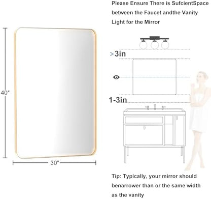 Brushed Gold Bathroom Mirror for Over Sink, 30" x 40" Framed Rectargular Wall-Mounted Bathroom Mirrors for Vanity, Decorative, Farmhouse, Restroom, Horizontally or Vertically Hanging