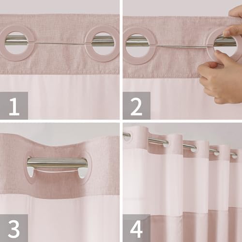 eachope No Hook Linen Texture Shower Curtain with Snap-in Liner,54x74 Blush