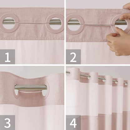 eachope No Hook Linen Texture Shower Curtain with Snap-in Liner,54x74 Blush