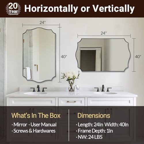 ANDY STAR Rectangle Mirror 24x40 Inch, Matte Black Scalloped Bathroom Mirror, Unique Rectangle Mirror for Bathroom, Powder Room, Entryway (Vertical or Horizontal)