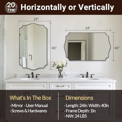 ANDY STAR Rectangle Mirror 24x40 Inch, Matte Black Scalloped Bathroom Mirror, Unique Rectangle Mirror for Bathroom, Powder Room, Entryway (Vertical or Horizontal)