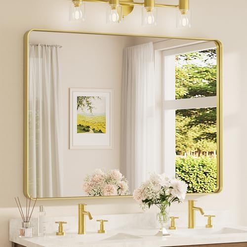 TETOTE 48 x 36 Inch Gold Bathroom Mirror, Champagne Gold Brushed Metal Framed Modern Vanity Mirror, Brushed Brass Rectangle Decorative Wall Mirrors Shatterproof (Horizontal/Vertical)
